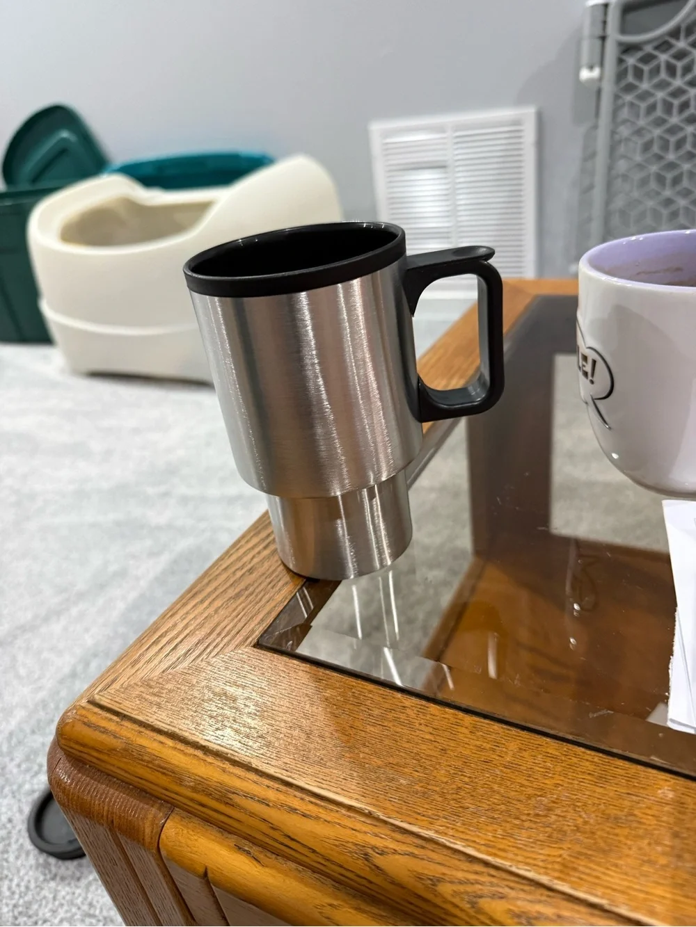 Set of 2 Silver Travel Mugs with Black Lids and Thermos